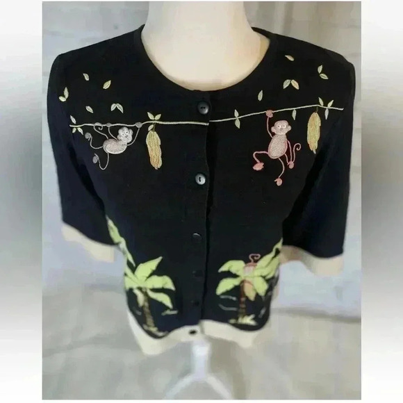 Vintage Onque Casuals Black Button Cardigan Monkeys Bananas Palm Trees Woman’s S - Picture 9 of 12